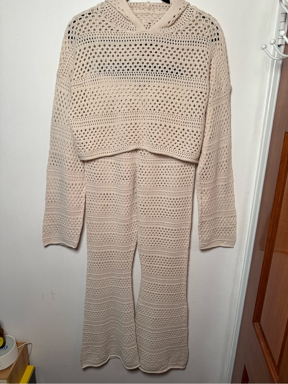 Sincerely Jules Beige Crochet set with hooded top and flared pants Size M